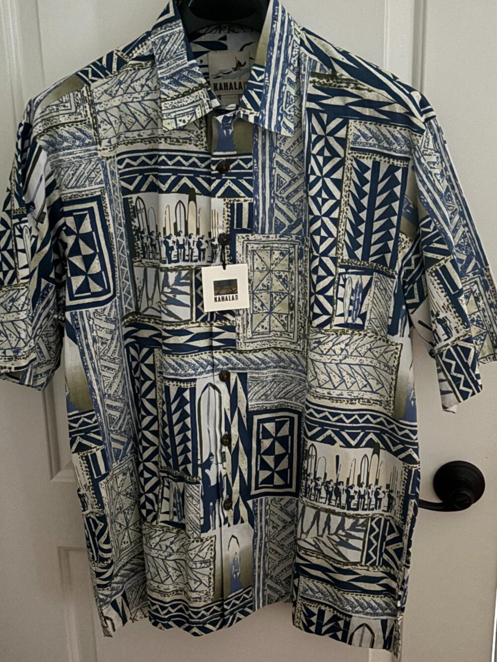 Kahala 1936 L Surfboard Abstract Blue & Cream Aloha Shirt NWT